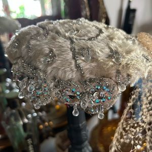 Vintage Winter White Embellished Fur Caplet Hat